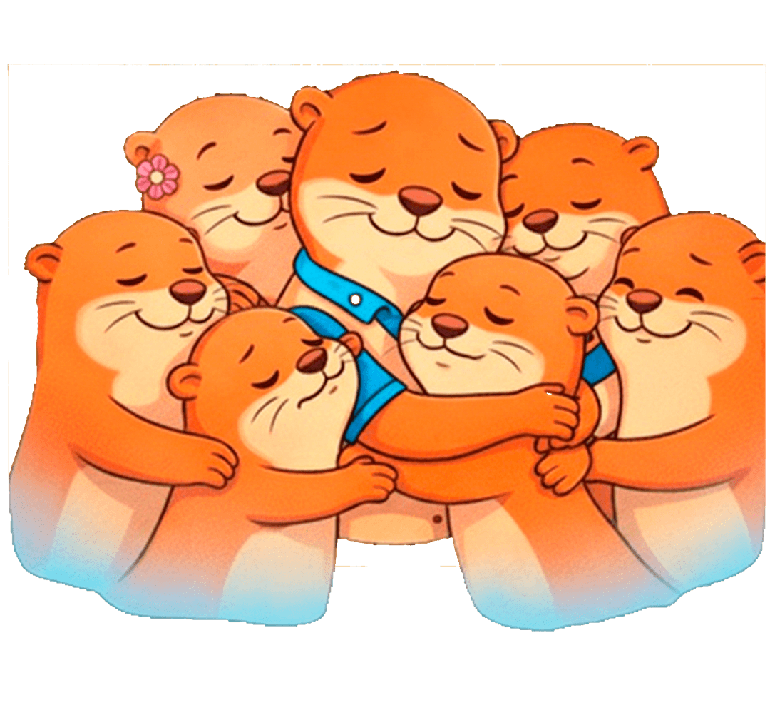 Mascota Teji: familia de nutrias abrazadas